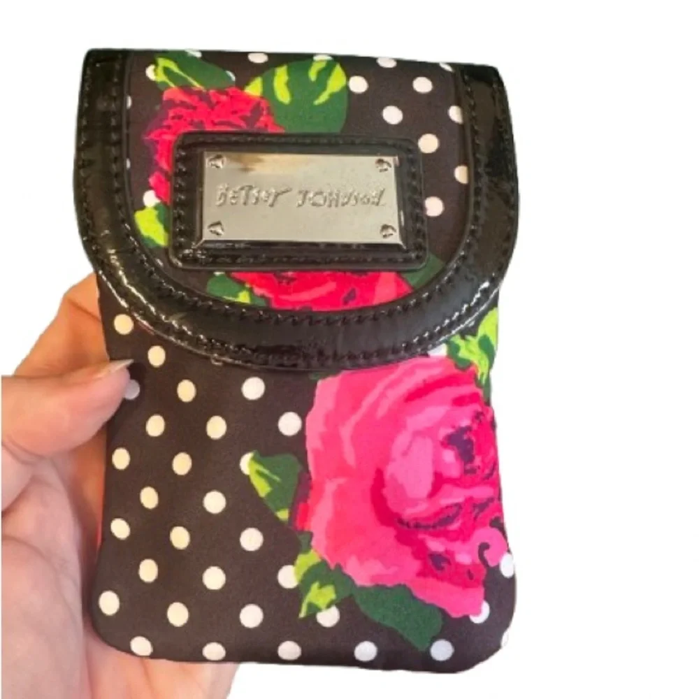 Betsey Johnson Pink Floral and Black Polka Dot Phone Case/Wristlet